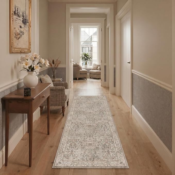 GENIMO 8x10 Washable Area Rugs for Living Room, Non Slip, Brown | Vintage Boho Floral Low Pile Thin Carpet for Bedroom, Dining Room, Nursery, Indoor Decor
