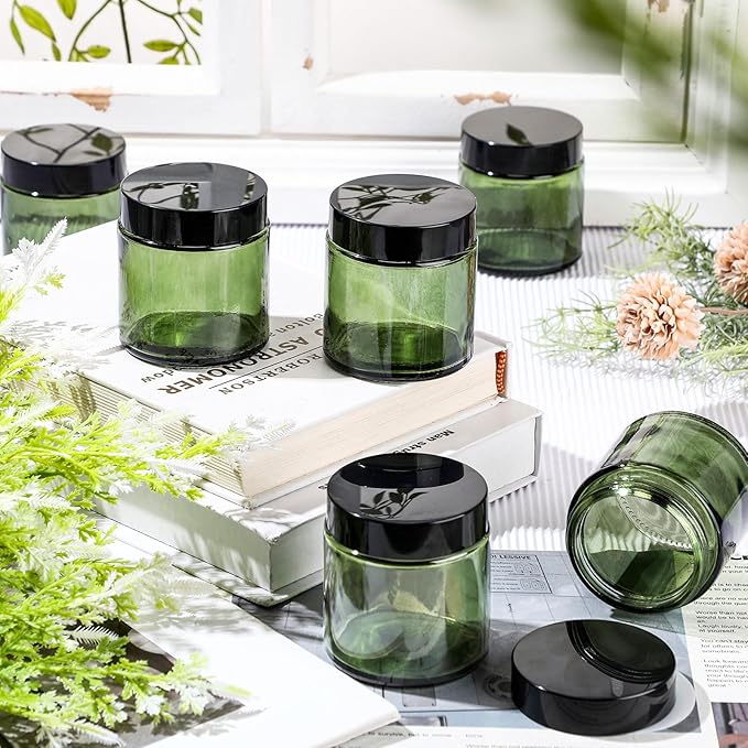 Norme 48 Pcs 4 oz Glass Jars with Lids Leakproof Round Airtight Empty Cosmetic Jars with Inner Liners Lid for Storing Lotions Powder Ointments Making Tins (Olive Green)