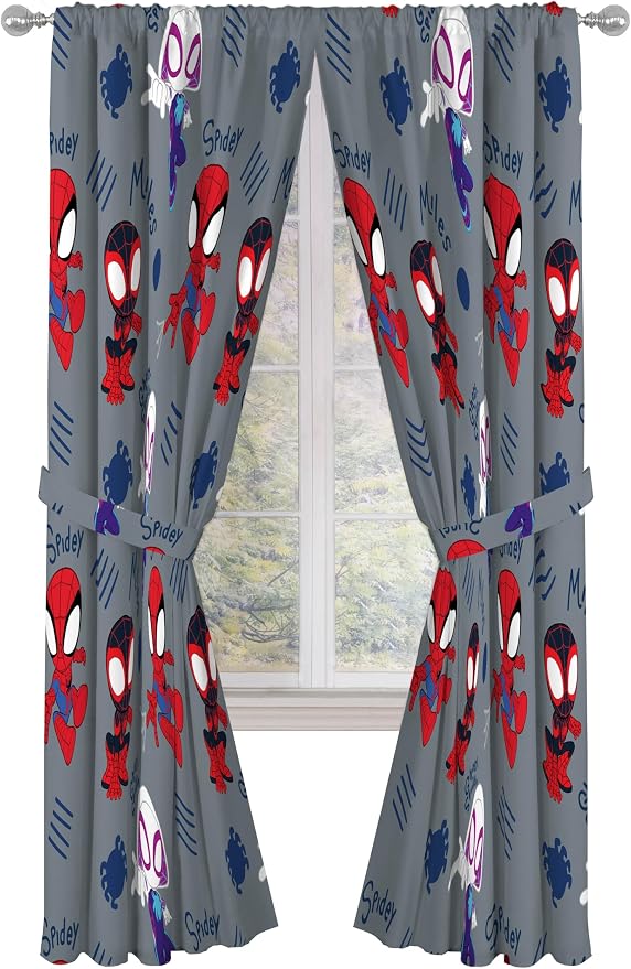 Jay Franco Window Curtains for Kids Bedroom 4-Piece Drape Set with 2 Tiebacks, Grey - Spidey & His Amazing Friends, 42" W x 84" L (Pack of 2)