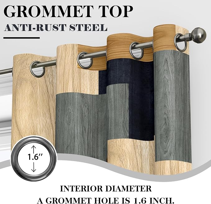 Tyrot Wood Print Retro 100% Blackout Curtains for Bedroom 96 inch Long 2 Panels Set Modern Abstract Geometric Black Out Curtains Insulated Room Darkening Window Drapes for Living Room, 52Wx96L
