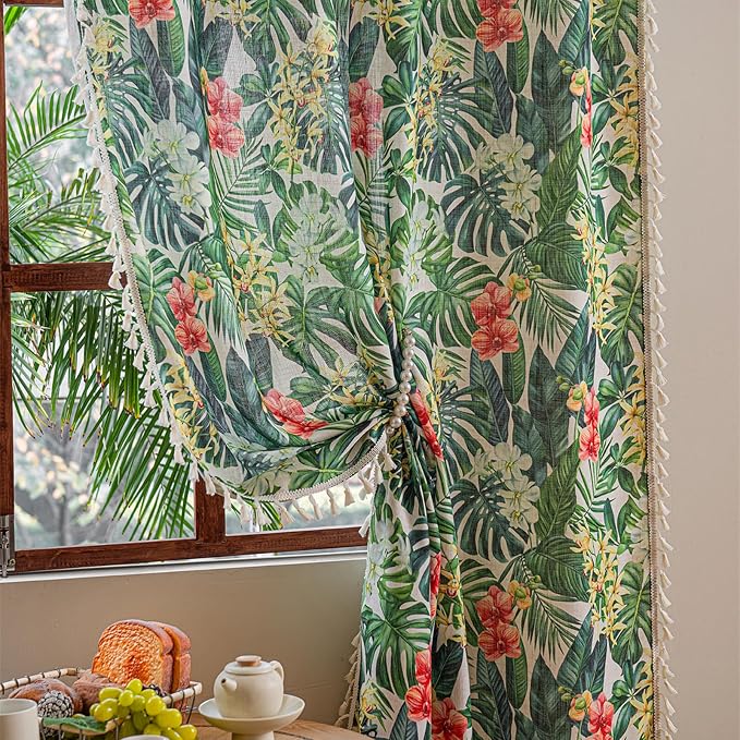 Deeprove Boho Curtains 2 Panels for Bedroom Living Room 84 inches Long Bohemian Light-Filtering Linen Look Leaf Floral Print Farmhouse Aesthetics Privacy Vintage Chic Window Decor 52W x 84L