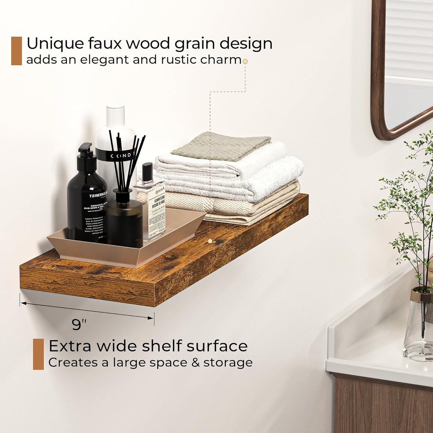 Floating Shelves - 2 Pack 9 Inch Rustic Wooden Wall Shelves - Extra Deeper & Thicker Wall Mounted Storage Shelf for Living Room, Kitchen, Farmhouse - 24" W x 9" D x 1.6" H - Rustic Brown