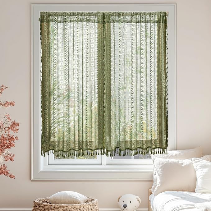Sutuo Home Olive Green Boho Sheer Curtains, Cottagecore Lace Curtains for Nursery Kitchen Privacy Crochet Light Filtering Vintage Chic Tassels Bohemian Window Drape Rod Pocket, 2 Panels 50" W x 54" L