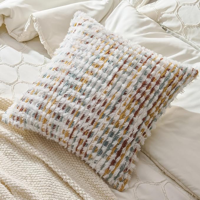 AmHoo Set of 2 Boho Chenille Pillow Cover Decorative Tufted Pillowcase for Couch Bed Sofa Bedroom Living Room Modern 20 x 20-Inch Brown White