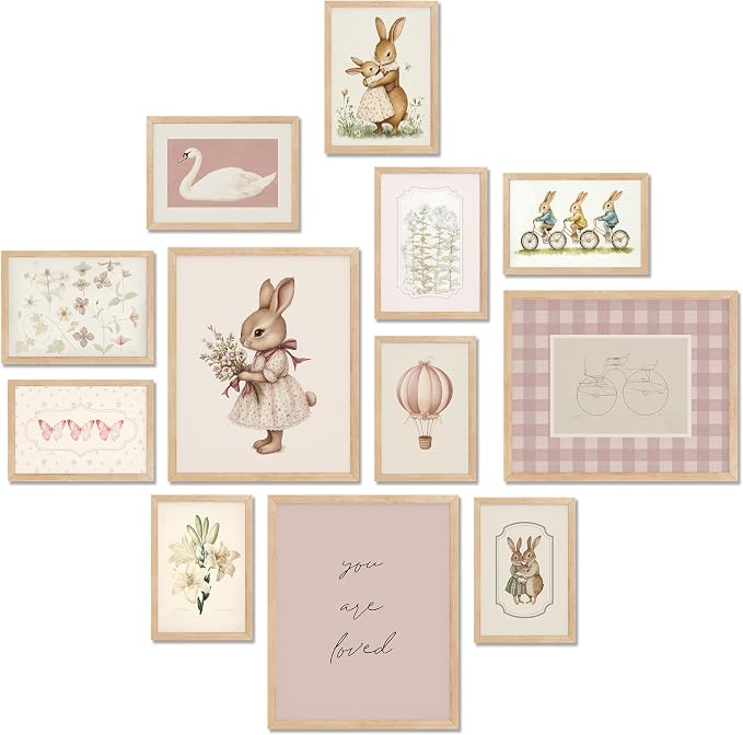 TwoDays Vintage Nursery Decor for Baby Girls, Pink Rabbit Bunny Wall Art for Toddler Kids Playroom, Swan Animals Posters for Bedroom (Multi Sizes, Set of 12, 8 × 10 Largest, UNFRAMED)