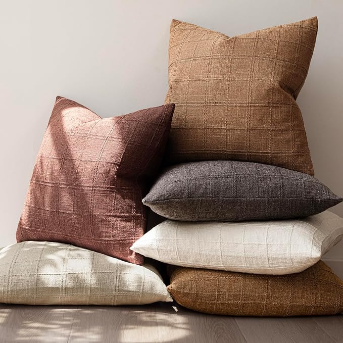 Foindtower Set of 2 Decorative Linen Check Throw Pillow Covers Neutral Farmhouse Lumbar Cushion Covers Modern Boho Home Decor for Sofa Chair Couch Bedroom Living Room,12×24 Inch,Autumnal Red
