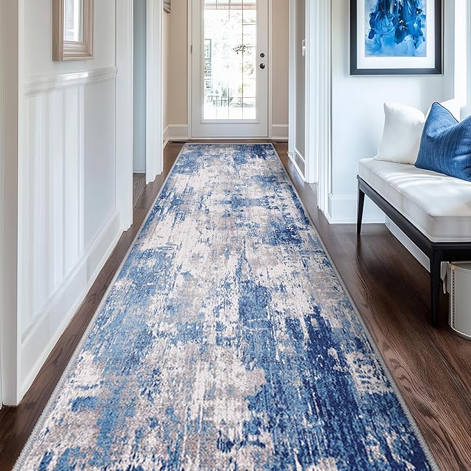 RELEANY Washable Area Rugs 2'x10' Non-Slip Modern Abstract Soft for Living Room Entryway Bedroom Kitchen, Print Pattern, Blue Grey Navy Gray