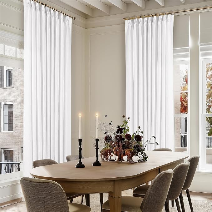 Pleated Linen Curtains 120 Inches Long 60 Inch Width Extra Wide for Living Room Bedroom White Semi Sheer 120 Inch Length Back Tab Hooks Rings Pinch Pleat Curtains for Patio Glass Door 1 Panel