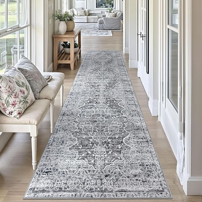 KUTA Vintage Kitchen Runner Rug, 2.6x10 Vintage Grey Blue White Washable Hallway Rugs Non-Slip Ultra Soft Printed Floral Medallion Farmhouse Floor Carpet for Bedroom Living Room Nursery