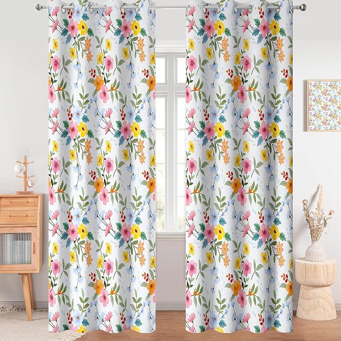 Flower Window Drapes, Pink Yellow Floral Modern Chic Blackout Room Darkening Grommets Curtains, Window Curtains for Living Room Bedroom Drom Decor 52x84 Inch