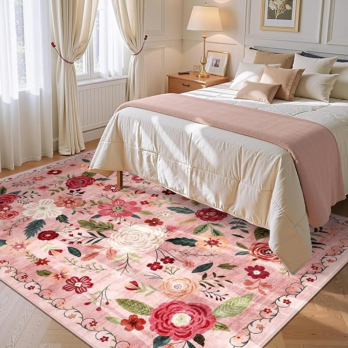 5x7 Washable Area Rug for Living Room, Floral Non-Slip Non-Shedding & Easy Care, Soft Low Pile Boho Indoor Floor Carpet for Living Room, Bedroom, Farmhouse, Dining Room, Kids Playroom, Pink