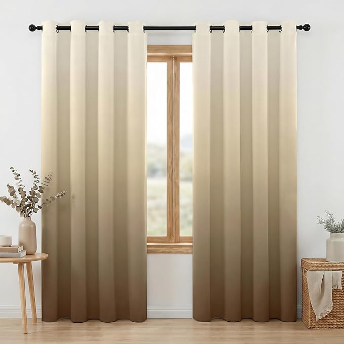 Wood Tone Gradient Blackout Curtains, 100% Blackout, Nordic Minimalist Thermal Insulated Noise Reducing Drapes, 2 Panels, Each W52xL84