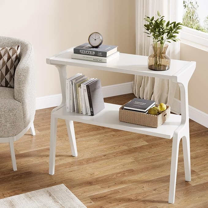 Tribesigns Set of 2 Solid Wood End Table, 2-Tier Modern White End Table with Storage Shelves, Tall Slim Side Table for Couch with Unique Legs, Long Bedside Table for Bedroom, Living Room