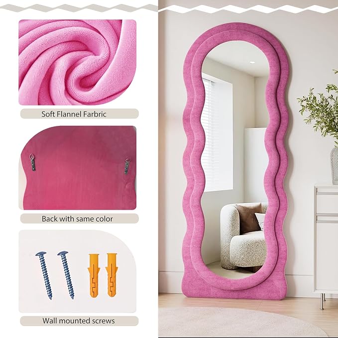 Dewfig Full Length Mirror, 63" x 24" Irregular Wavy Mirror, Large Floor Length Mirrors Wall Mounted, Standing Wavy Mirrors with Flannel Wrapped Wooden Frame for Bedroom/Living Room, Hot Pink
