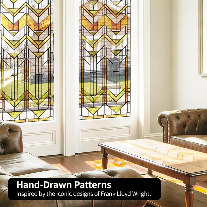Faux Stained Glass Effect Transparent Window Film, Decorative Window Cling for Front Door Sliding Door Glass Film Decor Inspired by Frank Lloyd Wright, 29.53" x68.9" Martin House, Boho