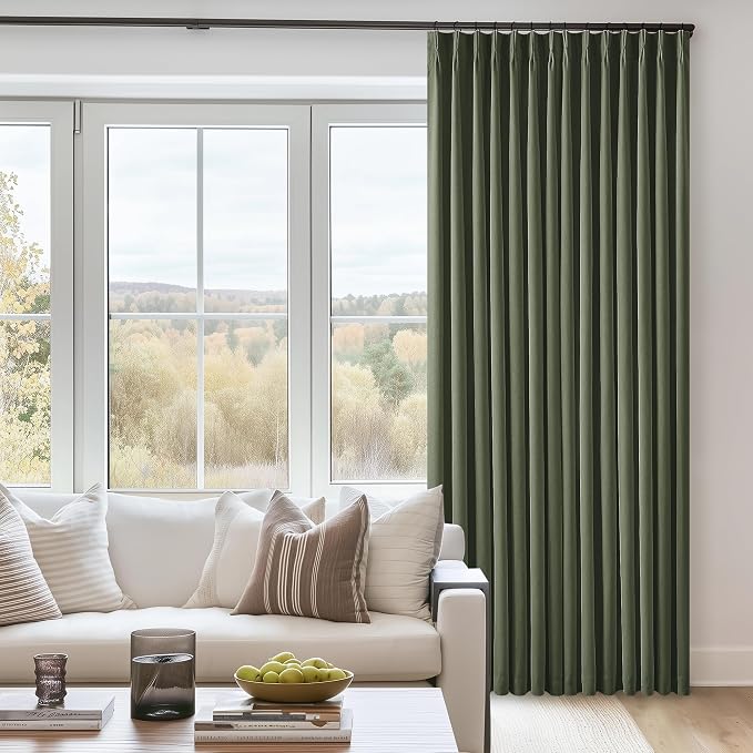 Olive Green Linen Blackout 120 Inch Curtains for Living Room 2 Panels Set Pinch Pleated Back Tab Drapes Farmhouse Thermal Insulated Full Black Out Curtains 120 Length High Ceiling to Floor 40x120