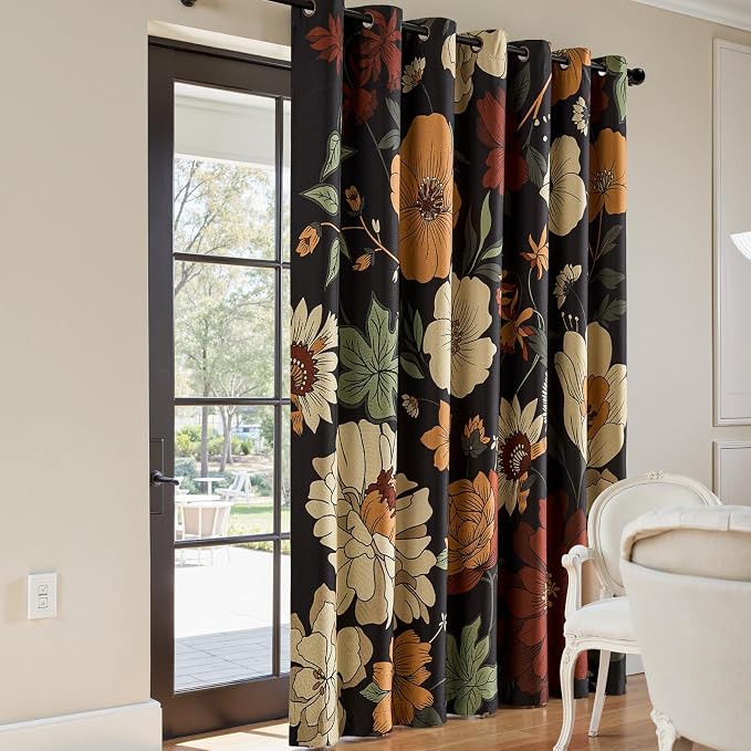 jinchan Lora Floral Curtain for Living Room Blackout Drape for Sliding Door Extra Wide Room Darkening Fall Decor Vintage Boho Flower Print Patio Door Curtain Grommet 1 Panel W100xL84 Inch Black