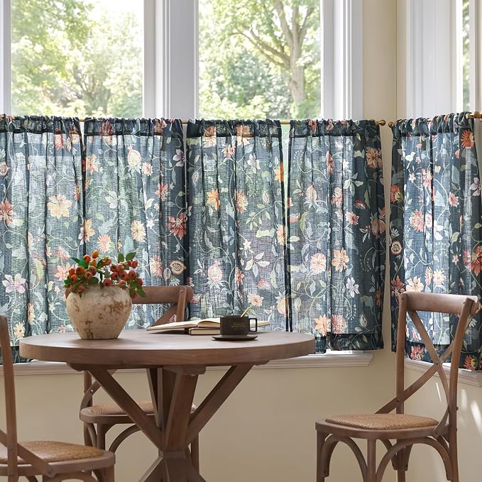 jinchan Hattie Floral Linen Kitchen Curtains 24 Inch Length Vintage Cottage Core Farmhouse Cafe Curtains Light Filtering Small Window Drapes for Living Room Bathroom Rod Pocket 2 Panels Dark Blue