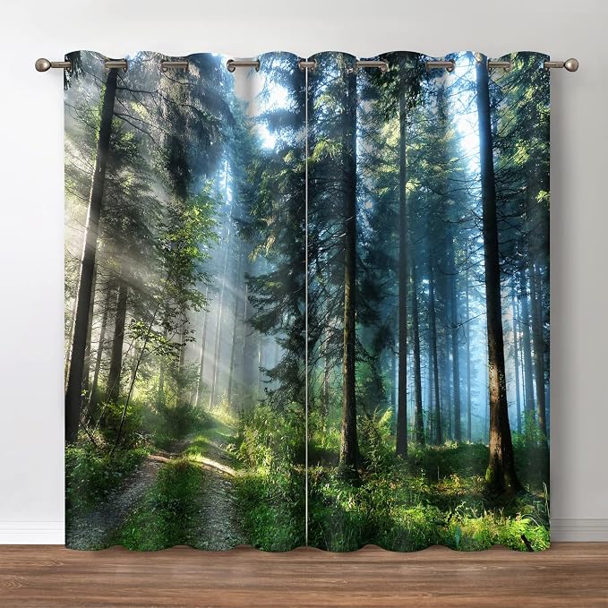 Jekeno Forest Tree Blackout Curtains - Blocking Window Curtain with Jungle Wild Weeds Nature Green Trees Scenery Print Decor Home Bedroom Living Room Grommet Window Drapes 2 Panel Set, 42"x84"