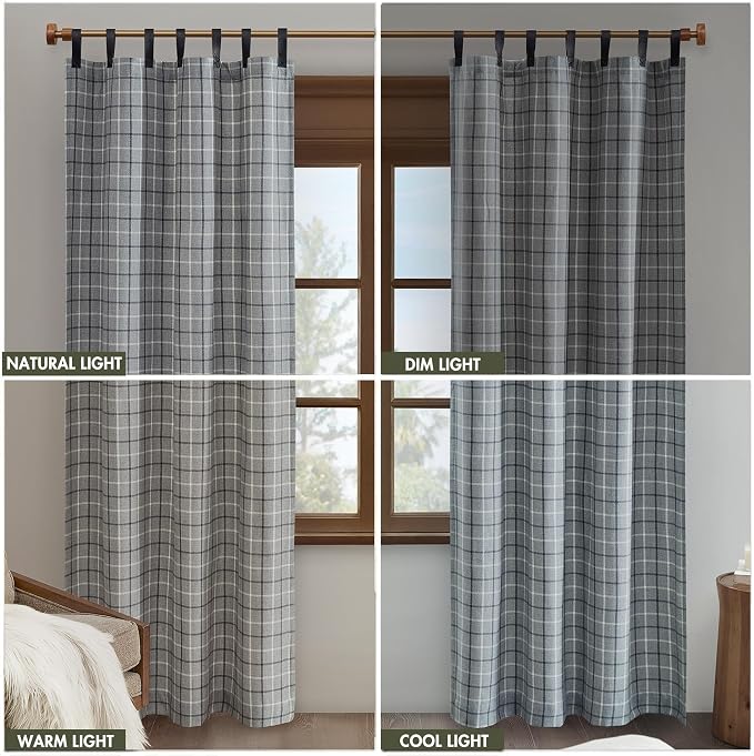 Madison Park Anaheim Cabin Plaid Curtain Window, Thermal Insulated Fleece Lining, Living Room Decor Room Darkening Drape for Bedroom, 1-Single Panel Pack, 50x84 Faux Leather Tab Top, Grey