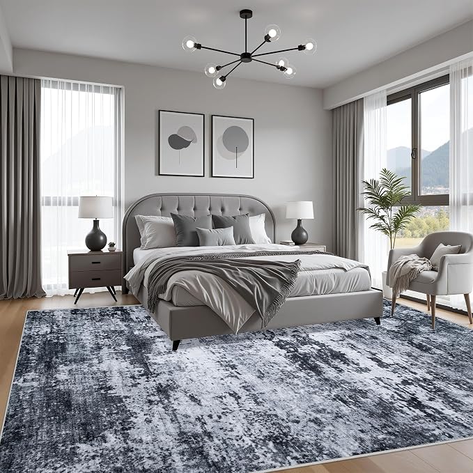 8x8 Area Rug Living Room Rug: Washable Modern Abstract Soft Thin Rug Indoor Floor No Slip Stain Resistant Carpet for Bedroom Dining Room Farmhouse Nursery Home Office - Black