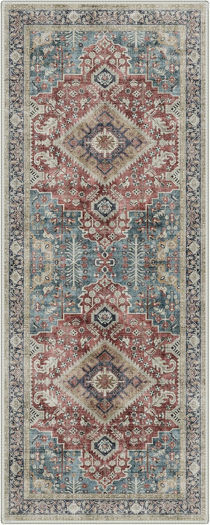 GENIMO 2X5 Washable Vintage Runner Rug for Hallway, Non-Slip Low Pile Chenille Print Rug, Soft Rugs for Indoor Entryway Kitchen Corridor, Indigo & Flush
