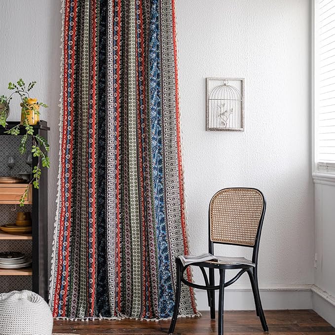 VOGOL Linen Textured Boho Curtains, Red Strips Geo Print Room Divider Drapes for Living Room, Soft Touch Rod Pocket Window Curtain for Bathroom, 28 x 84, 1 Pack