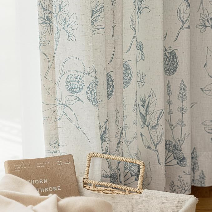 FMFUNCTEX Linen Curtains Floral Patterned Curtains for Bedroom Living Room, Blue Curtain 96 Inches Long Farmhouse, Light Filtering Beige Window Curtain Grommet Top 2 Panels Set