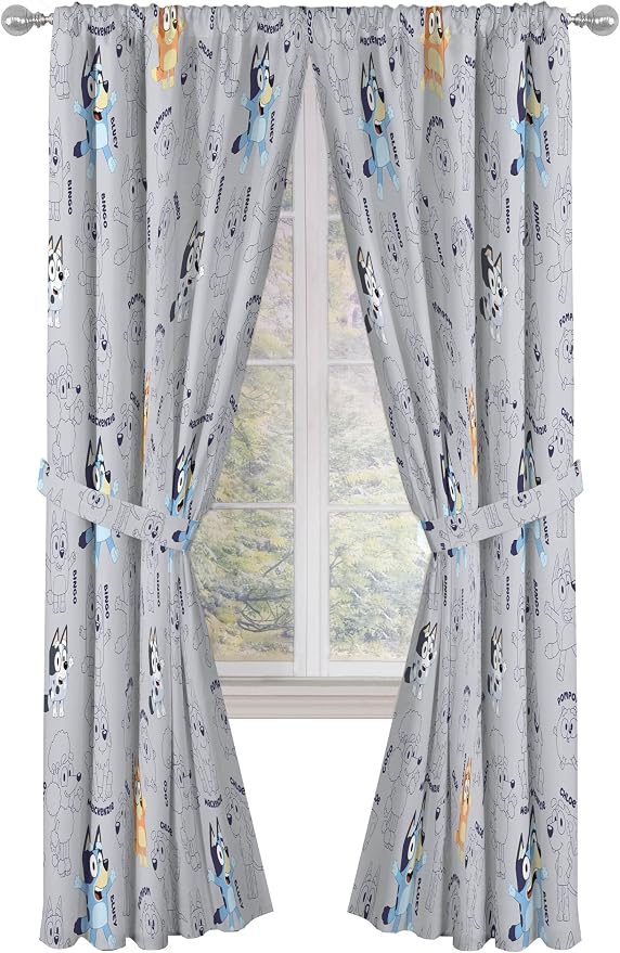 Jay Franco Window Curtains for Kids Bedroom 4-Piece Drape Set with 2 Tiebacks, Grey - Bluey, 42" W x 84" L (Pack of 2)