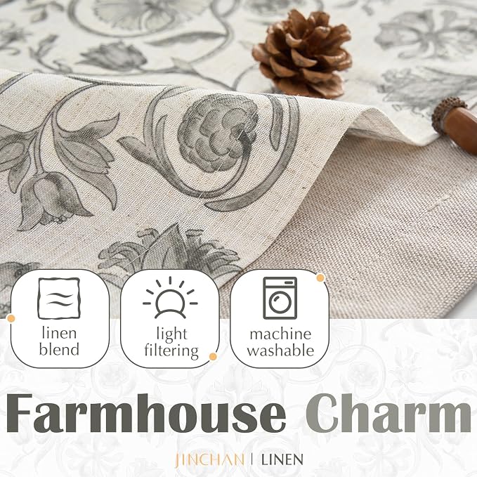 jinchan Linen Valance Kitchen Curtain Pack of 2 Double Layer 16 Inch for Living Room Bedroom Window Treatment Light Filtering Vintage Farmhouse Cottagecore Rod Pocket 2 Panels Grey on Beige