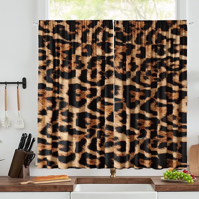 Leopard Kitchen Curtains Sets 27.5Wx39H 2 Panels for Windows Rod Pocket Wild Animals Cheetah Print Style Window Drapes Fabric Curtains