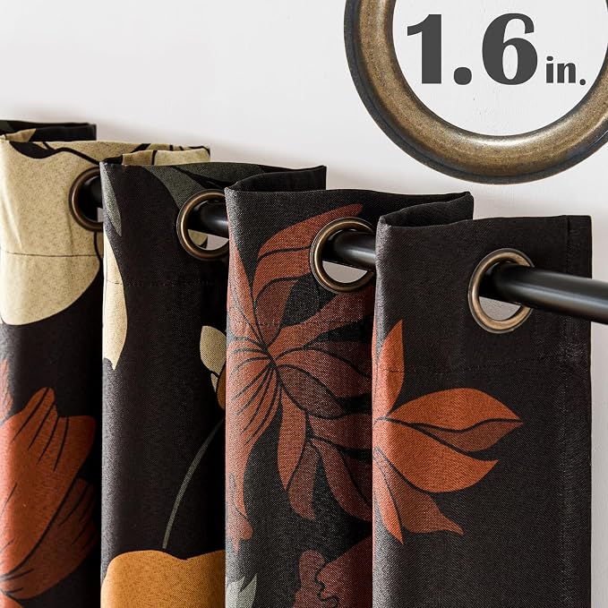 jinchan Lora Floral Curtains for Bedroom Blackout Drapes for Living Room Darkening Fabric Vintage Black Boho Flower Pattern Fall Decor Window Curtains 102 Inches Length 2 Panels with Grommet