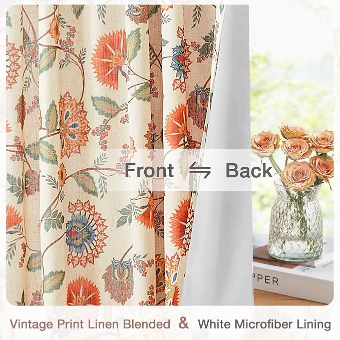 Vision Home Spice Red Floral Pinch Pleat Light Filtering Curtains Panels, Linen Window Drapes with Microfiber Liner & Back Tab Hooks for Living Room Bedroom, Vintage Jacobean Print 40" Wx102 Lx2