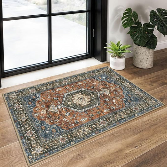 KUTA Vintage Entryway Rugs Indoor Brick Red Washable Rug 2x3 Non-Slip Soft Printed Floral Medallion Doormat Small Accent Farmhouse Kitchen Throw Carpet for Entrance and Bedroom