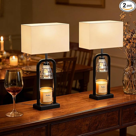 PoKat Bedside Table Lamps with Candle Warmer & Timer for Bedroom, Farmhouse Lamps Set of 2 for Night Stands, 21.5'' Bedroom Lamps Decor for Living Room, Side Table, Hallway, Bulbs Included, Black