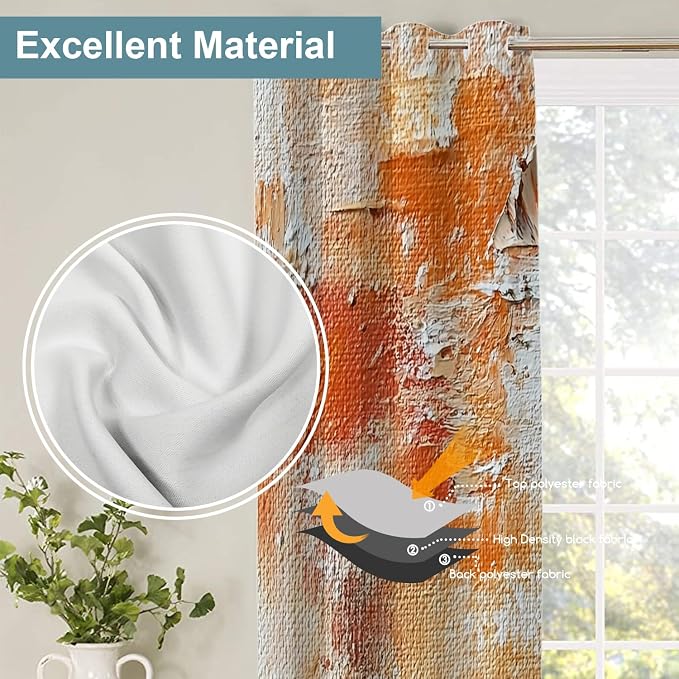 Shrahala Brushstrokes of Paint Blackout Window Curtains, Orange Grey Canvas Texture Thermal Insulated Curtains Grommet Top Window Drapes for Living Room, Bedroom (2 Panels, 52 x 84 in)
