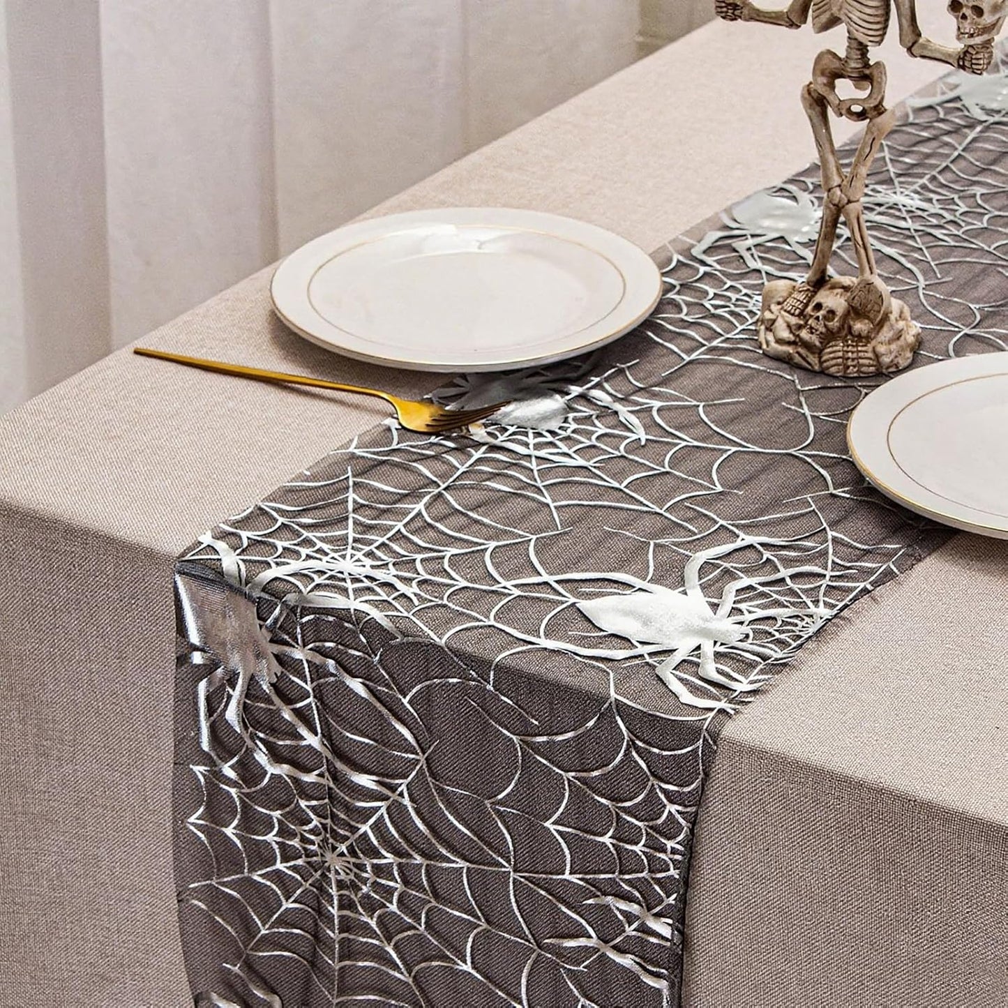 Halloween Spider Table Runner Foil Metallic Thin Mesh Runners Silver Spider Web Table Runners for Tables Kitchen Dining Decorations Party Supplies 11*108"
