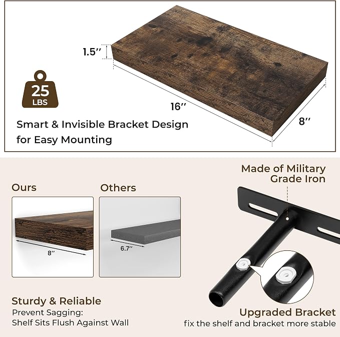 RICHFOCUS 16Inch Floating Shelves for Wall 2 Pack Shelves for Bedroom|Kitchen|Bathroom Wall Mounted Rustic Wood Floating Shelf with Invisible Brackets for Books|Storage|Decor, Rustic Brown