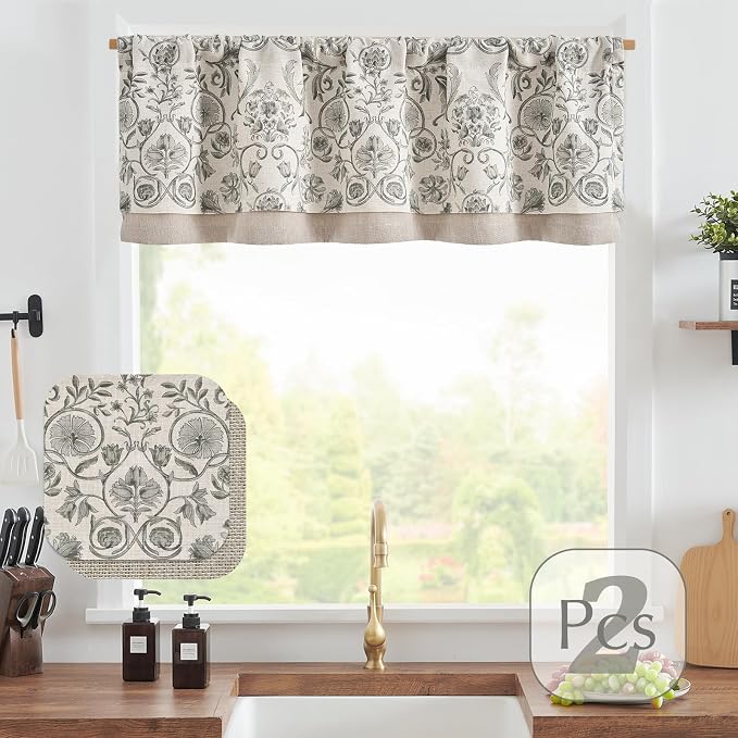 jinchan Linen Valance Kitchen Curtain Pack of 2 Double Layer 18 Inch for Living Room Bedroom Window Treatment Light Filtering Vintage Farmhouse Cottagecore Rod Pocket 2 Panels Grey on Beige
