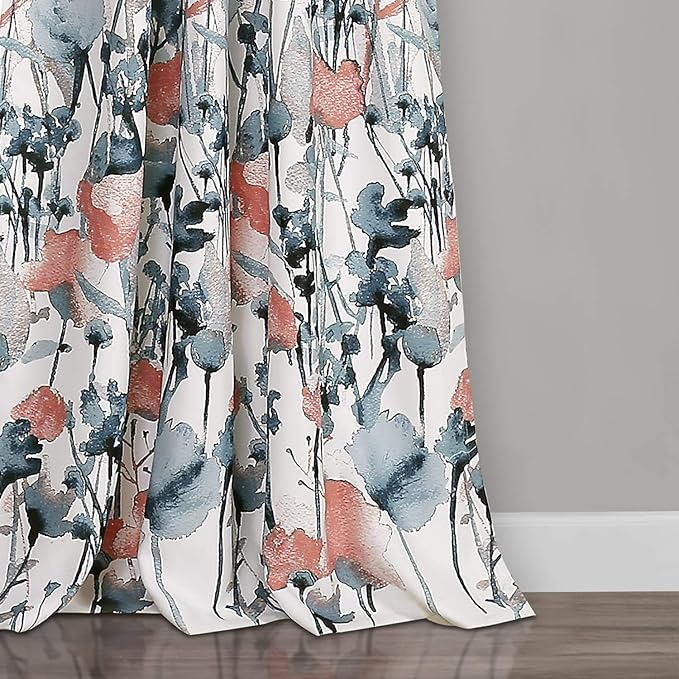 Lush Decor Zuri Flora Light Filtering Window Curtain Panel Pair, 95" x 52", Blue & Coral, 95 in x 52 in, Blue and Coral