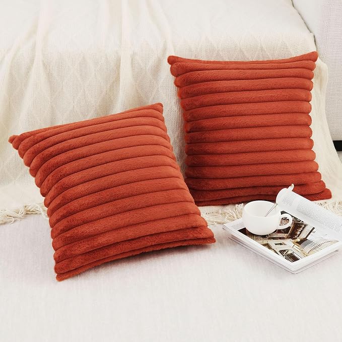 Pallene Faux Fur Plush Fall Throw Pillow Covers 26x26 Set of 2, Luxury Soft Fluffy Striped Decorative Pillow Covers for Sofa, Couch, Living Room, Rust