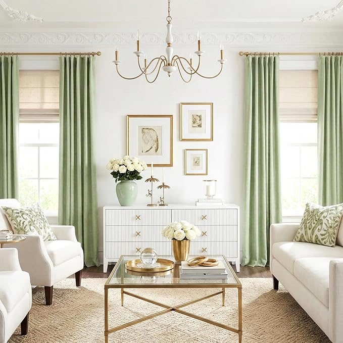 INOVADAY 100% Blackout Curtains for Bedroom, Black Out Curtains 90 Inch Long, Clip Rings Linen Blackout Drapes, Thermal Insulated Room Darkening for Living Room, 2 Panels - Sagegreen,W50xL90