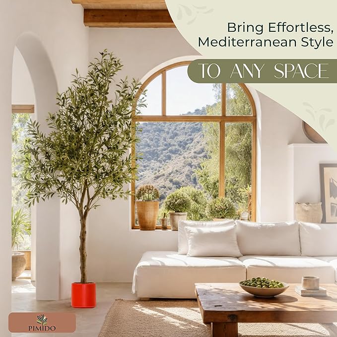 Olive Tree with Realistic Branches - Faux Olive Trees Indoor for Living Room, Conservatory & Office | Faux Plants Indoor Tall Home Decor Modern Fake Tree with Weighted Pot | 6ft Tall | Pimido