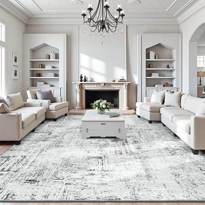 Rugflix 9x12 Washable Area Rugs, Neutral Boho Carpet Living Room Rug Non Slip Stain Resistant, Large Area Rug for Indoor Bedroom Dining Room Office, Blue/Grey
