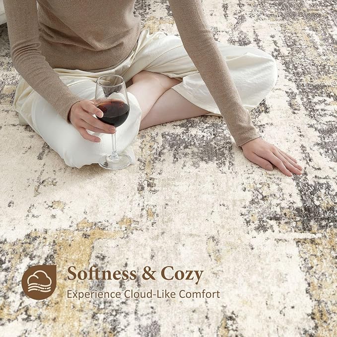 Area Rugs for Living Room: 10x14 Abstract Washable Rug Modern Neutral Large Soft Stain Resistant Non-Slip Backing Machine Table for Bedroom Dining Room Indoor Home Office Carpet - Gold Brown