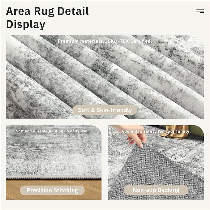 Soalmost Abstract Rug 8x10 Large Living Room Rugs Neutral Modern Washable Area Rugs for Bedroom Dining Room Non-Slip Stain Resistant Foldable Thin Rug Gray White