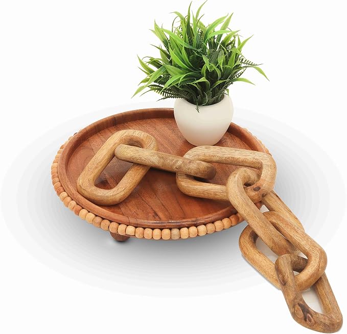 Boho Wooden Link Decor for Coffee Object for Coffee Table & Shelf Knot Sculpture, Farmhouse Rustic Shelf Natural Wood Chain Links for Living Room, Entryway, Console,Office Home Accent (Natural)