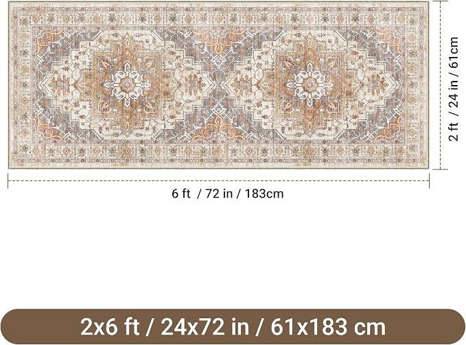 befbee Washable Runner Rug 2x6 Hallway Runner Rug Ultra-Thin Kitchen Rug Non Slip Indoor Floor Foldable Carpet with Low Pile for Entryway Bathroom Laundry Room Living Room(Turmeric/Grey,2'x6')