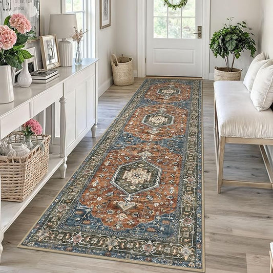 KUTA Vintage Runners for Hallways 2.6x10 Non-Slip, Brick Red Washable Kitchen Rug Ultra Soft Printed Traditional Medallion Floor Carpet for Bedroom Living Room