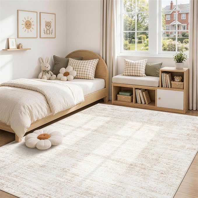 6x9 Area Rugs for Living Room Washable Rugs Neutral Abstract Large Rug Soft Modern Carpet Non-Slip Stain Resistant Low Pile Rug for Bedroom Dining Room Nursery Home Office Under Table Area Rug Beige